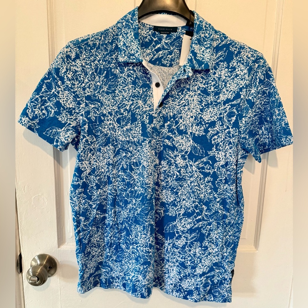 Perry Ellis Blue and White Floral Polo Shirt